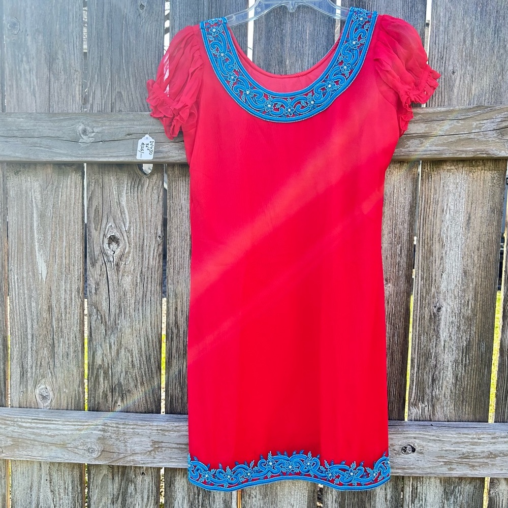Hand Made Red Dress with Blue Embroidery and Beading Women’s Small